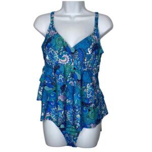 NWT Nicole Miller Vintage Vibes tankini three tier ruffle, sz XL